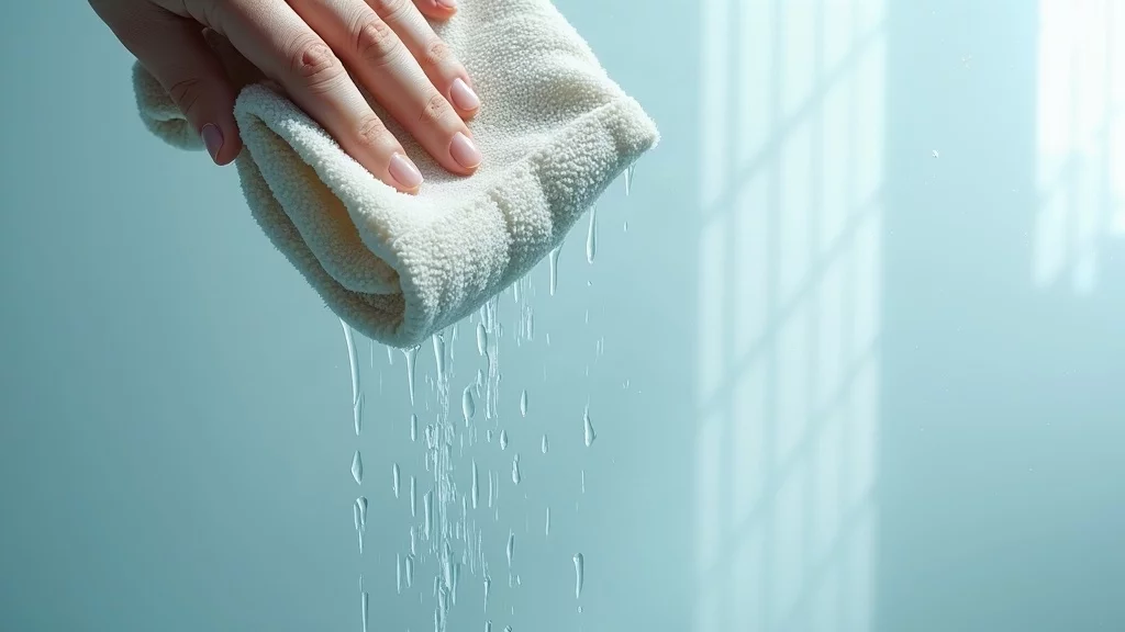 Microfiber cloth wiping transparent glass surface