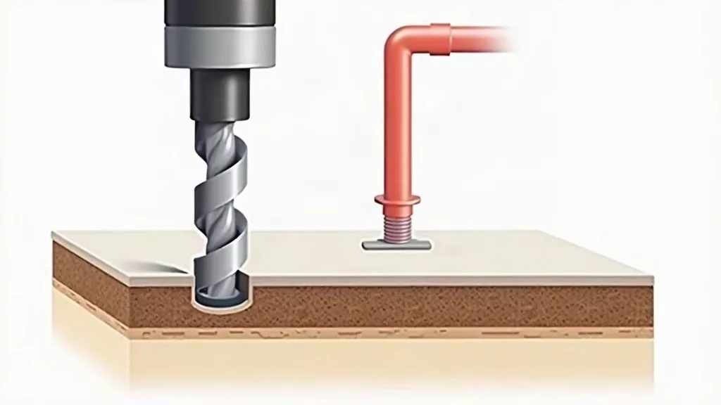 Cross section diagram of floor drilling risk near heating pipe