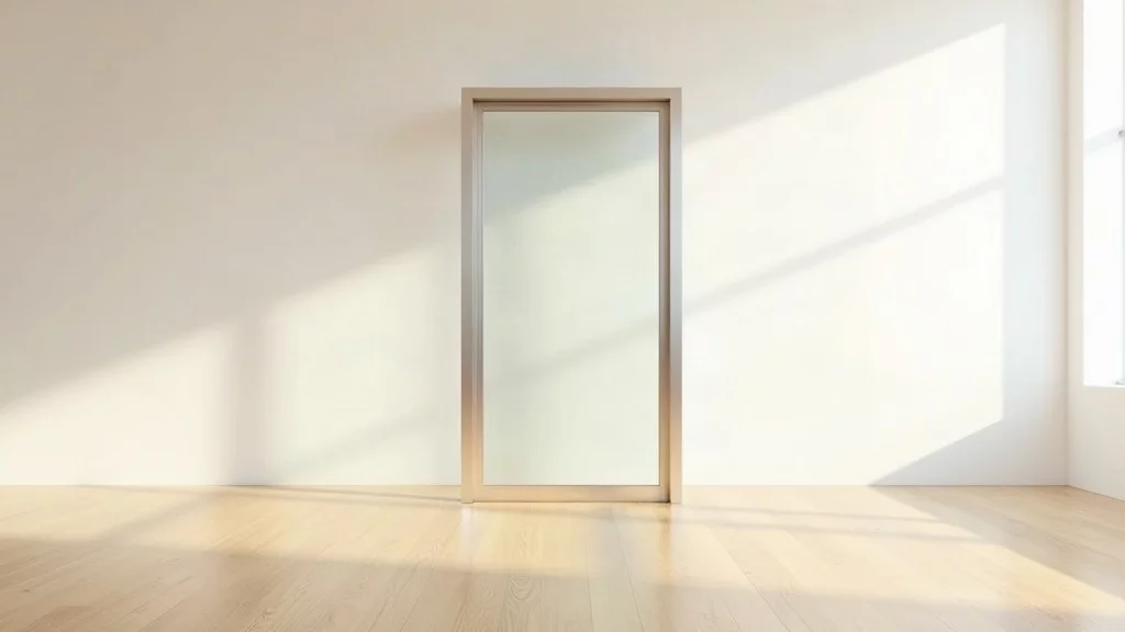 Glass partition panel standing in bright room with warm floor finish